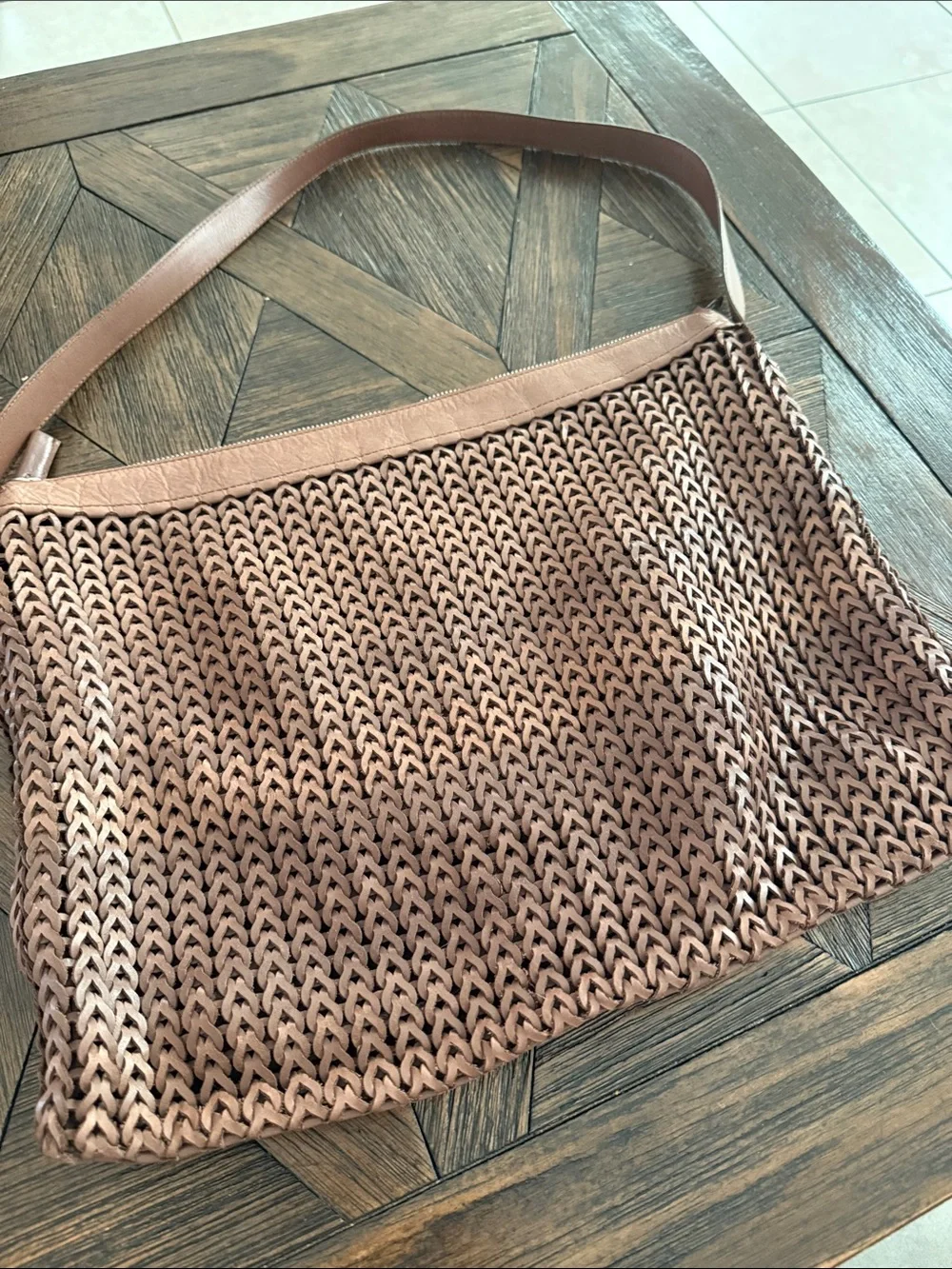 Delfino Made in Italy Brown Woven Crochet Leather Shoulder Hobo Hobo Bag